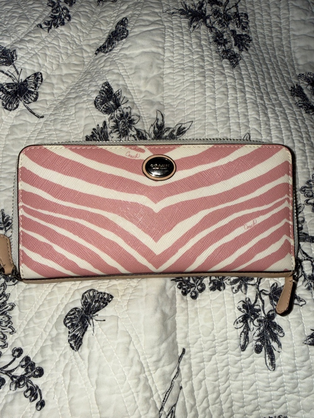 Coach large zippered pink cream zebra stripes wallet